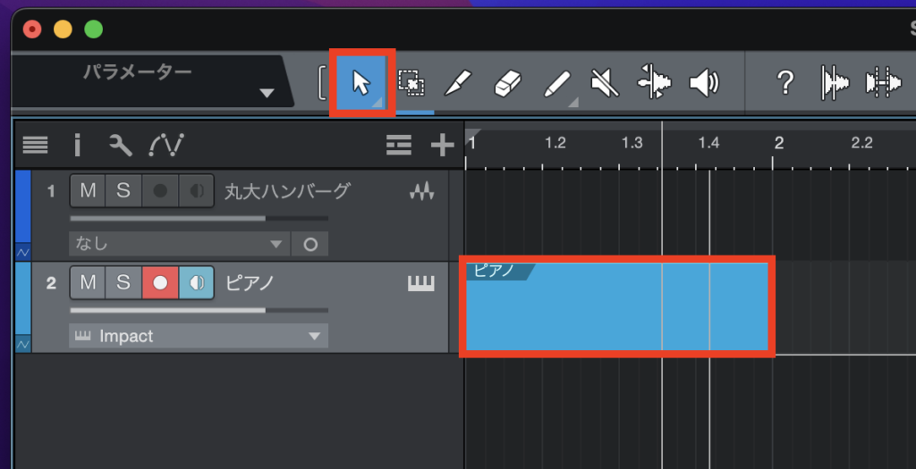 ピアノパートを１小節選択します。