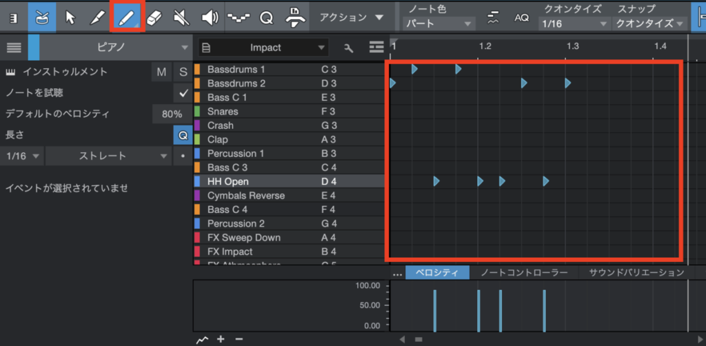 ペイントツールを選択して、出したい音のラインでクリックすれば、いろいろな音を曲に足すことができます。