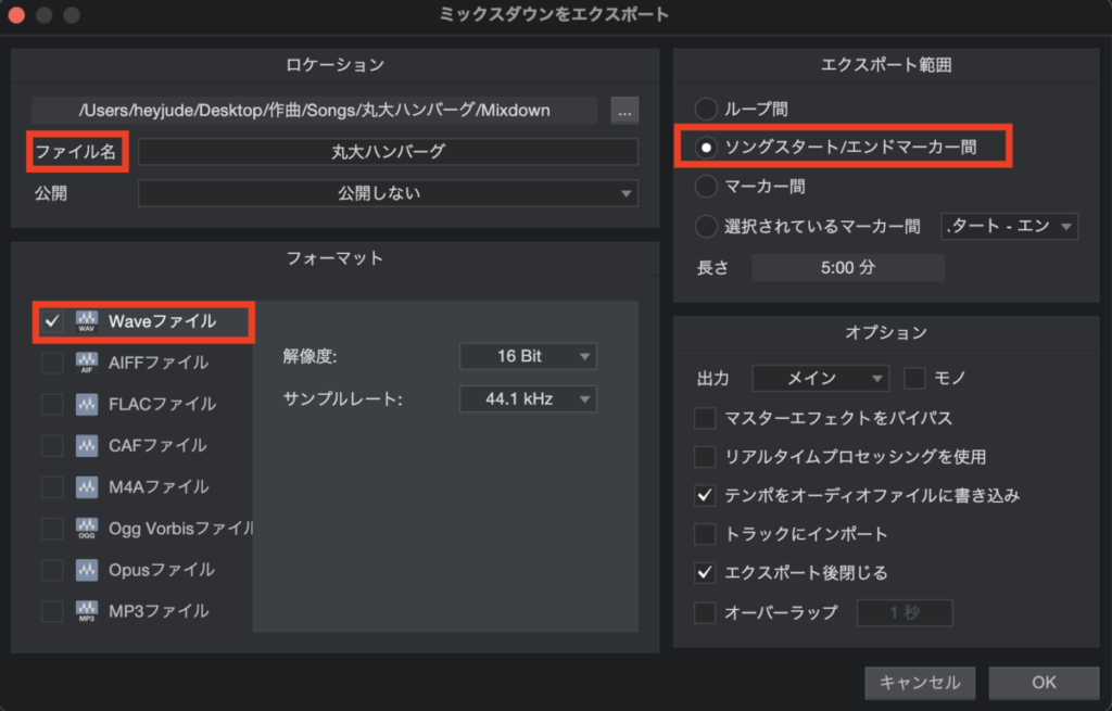 曲名をつけて「Wave」ファイルにチェック、「スタートからエンドポイント間」にチェックをつけてOKです。